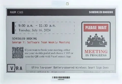 Wireless smart sign showing a meeting-room booking and a QR code